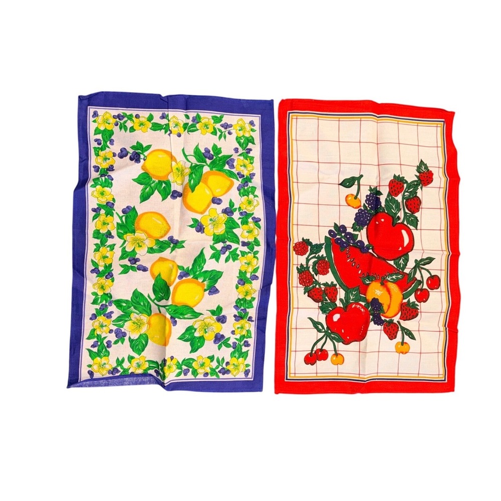 Vintage Fruit Kitchen Tea Towels Set of 2 Lemons Watermelon‎ Berries 100% Cotton